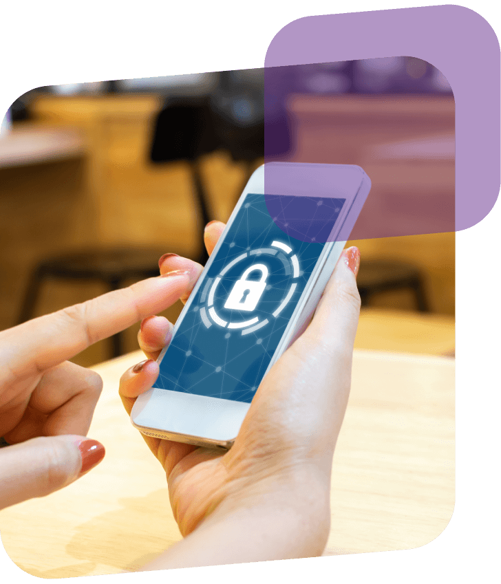 Woman using smartphone with icon graphic cyber security